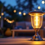 A photograph of a beautifully designed solar lamp illuminating a cozy outdoor space at dusk