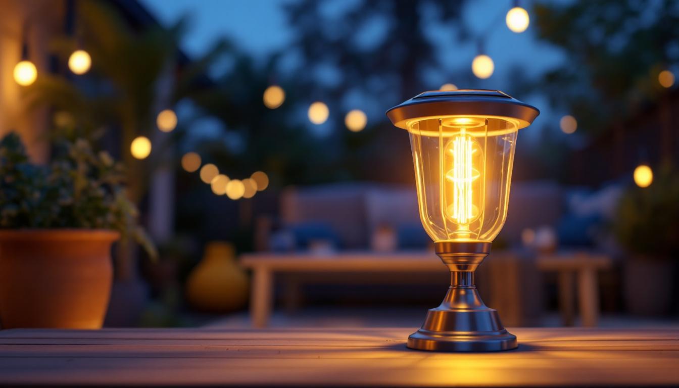 A photograph of a beautifully designed solar lamp illuminating a cozy outdoor space at dusk