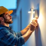 A photograph of a lighting contractor installing a 12v dimming led driver in a residential setting
