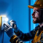 A photograph of a lighting contractor installing or testing a plug-in emergency light with battery backup in a dimly lit environment