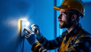 A photograph of a lighting contractor installing or testing a plug-in emergency light with battery backup in a dimly lit environment