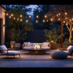 A photograph of a beautifully illuminated outdoor space featuring various stylish lighting fixtures