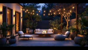 A photograph of a beautifully illuminated outdoor space featuring various stylish lighting fixtures