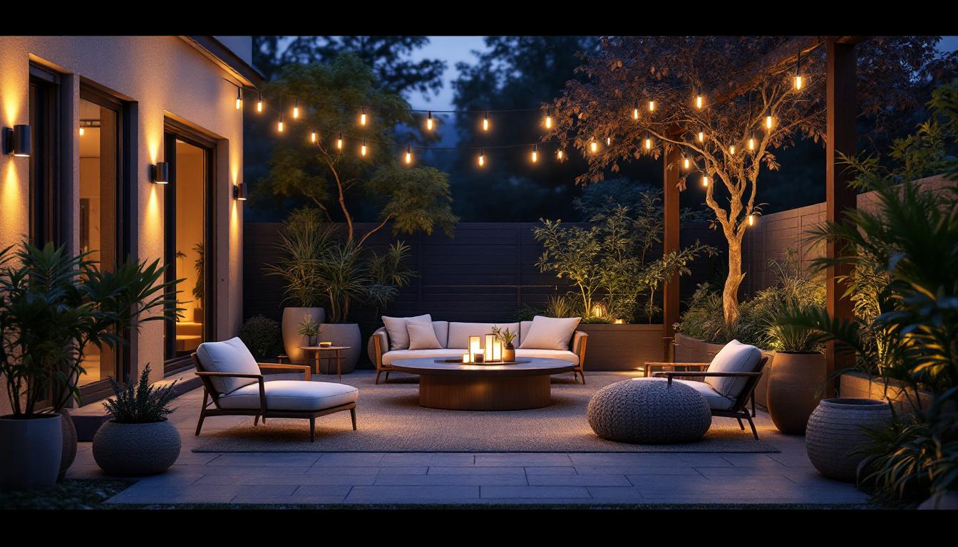 A photograph of a beautifully illuminated outdoor space featuring various stylish lighting fixtures