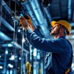 A photograph of a lighting contractor expertly installing or adjusting a modern commercial lighting system in an industrial or retail setting