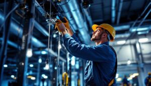 A photograph of a lighting contractor expertly installing or adjusting a modern commercial lighting system in an industrial or retail setting