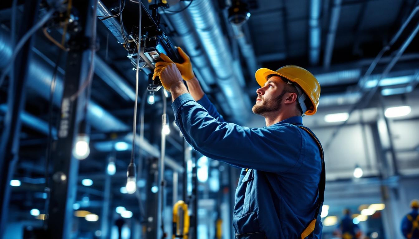 A photograph of a lighting contractor expertly installing or adjusting a modern commercial lighting system in an industrial or retail setting