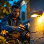 A photograph of a lighting contractor installing a dusk till dawn security light in a residential setting