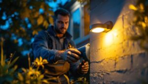 A photograph of a lighting contractor installing a dusk till dawn security light in a residential setting