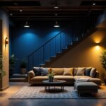 A photograph of a well-lit basement showcasing various lighting options