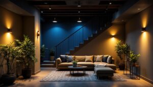 A photograph of a well-lit basement showcasing various lighting options