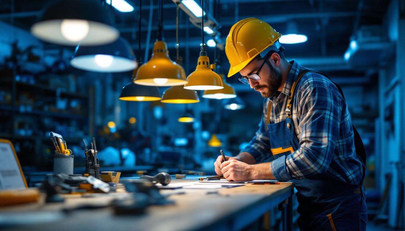 A photograph of a skilled lighting contractor in action