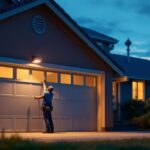 A photograph of a well-lit garage exterior at dusk