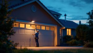 A photograph of a well-lit garage exterior at dusk