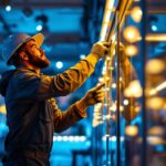 A photograph of a lighting contractor installing vibrant led lights in a retail space