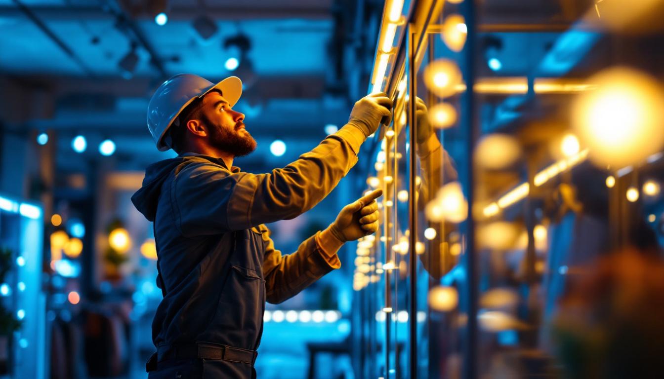 A photograph of a lighting contractor installing vibrant led lights in a retail space