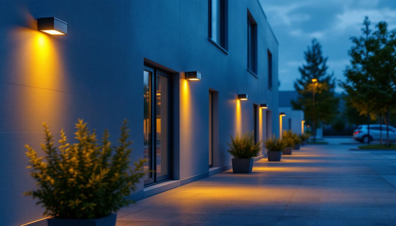 A photograph of a well-lit outdoor area showcasing various wall pack fixtures in use
