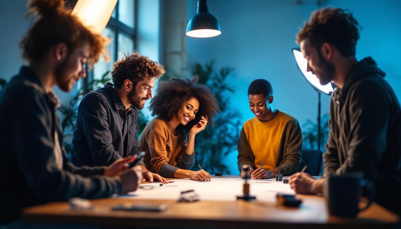 A photograph of a diverse group of team members engaged in a hands-on lighting training session