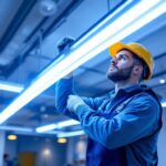 A photograph of a lighting contractor installing t5 led lamps in a commercial space