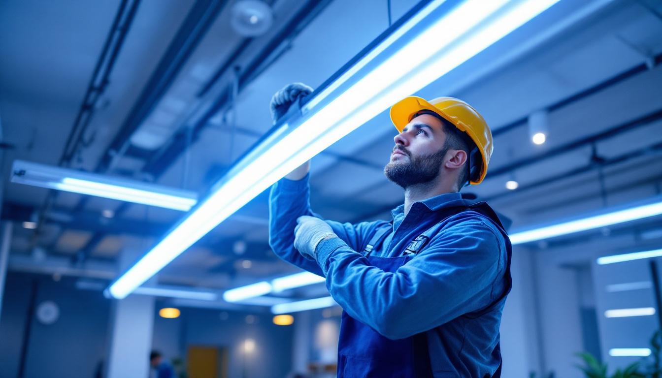 A photograph of a lighting contractor installing t5 led lamps in a commercial space