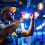 A photograph of a lighting contractor installing led bulbs in a commercial space