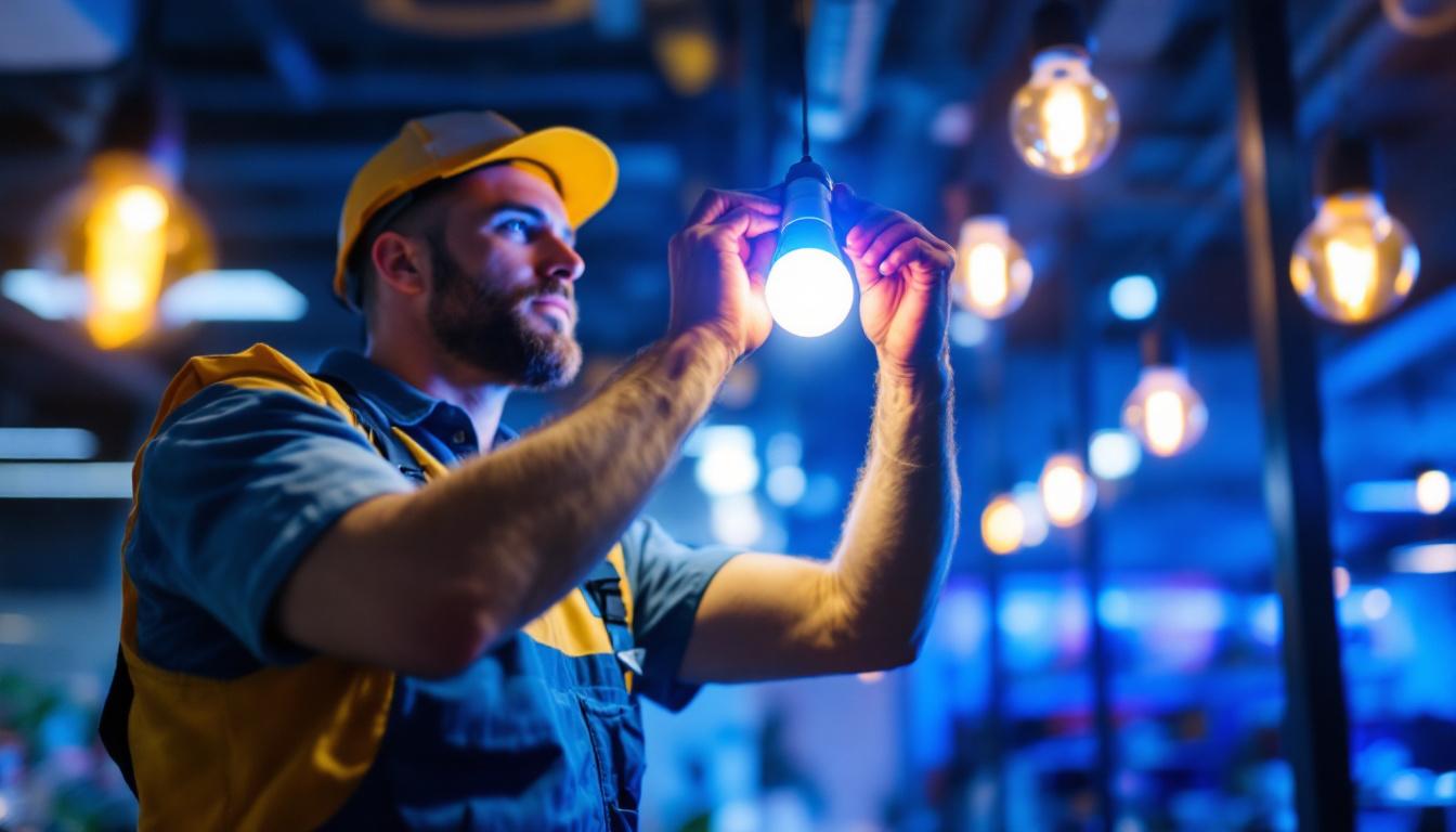 A photograph of a lighting contractor installing led bulbs in a commercial space