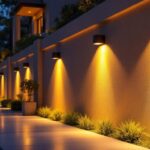 A photograph of a beautifully illuminated outdoor wall featuring various styles of led lighting fixtures