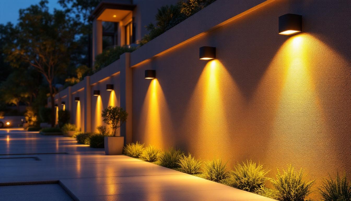 A photograph of a beautifully illuminated outdoor wall featuring various styles of led lighting fixtures