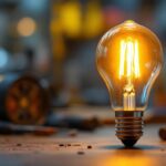 A photograph of a type t 120 volt light bulb glowing warmly in a well-lit workshop environment