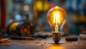 A photograph of a type t 120 volt light bulb glowing warmly in a well-lit workshop environment