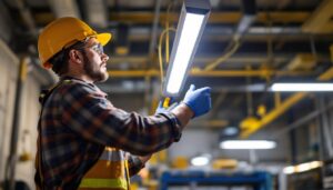 A photograph of a skilled lighting contractor expertly wiring a fluorescent lamp in a well-lit workspace