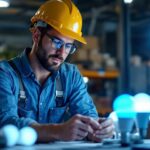A photograph of a lighting contractor examining a variety of led bulbs in a well-lit workspace