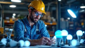 A photograph of a lighting contractor examining a variety of led bulbs in a well-lit workspace