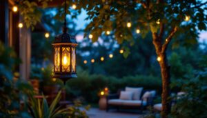 A photograph of a beautifully designed large outdoor hanging lantern illuminated at dusk