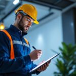A photograph of a lighting contractor meticulously reviewing a checklist while installing a sleek led flatlight in a modern interior space