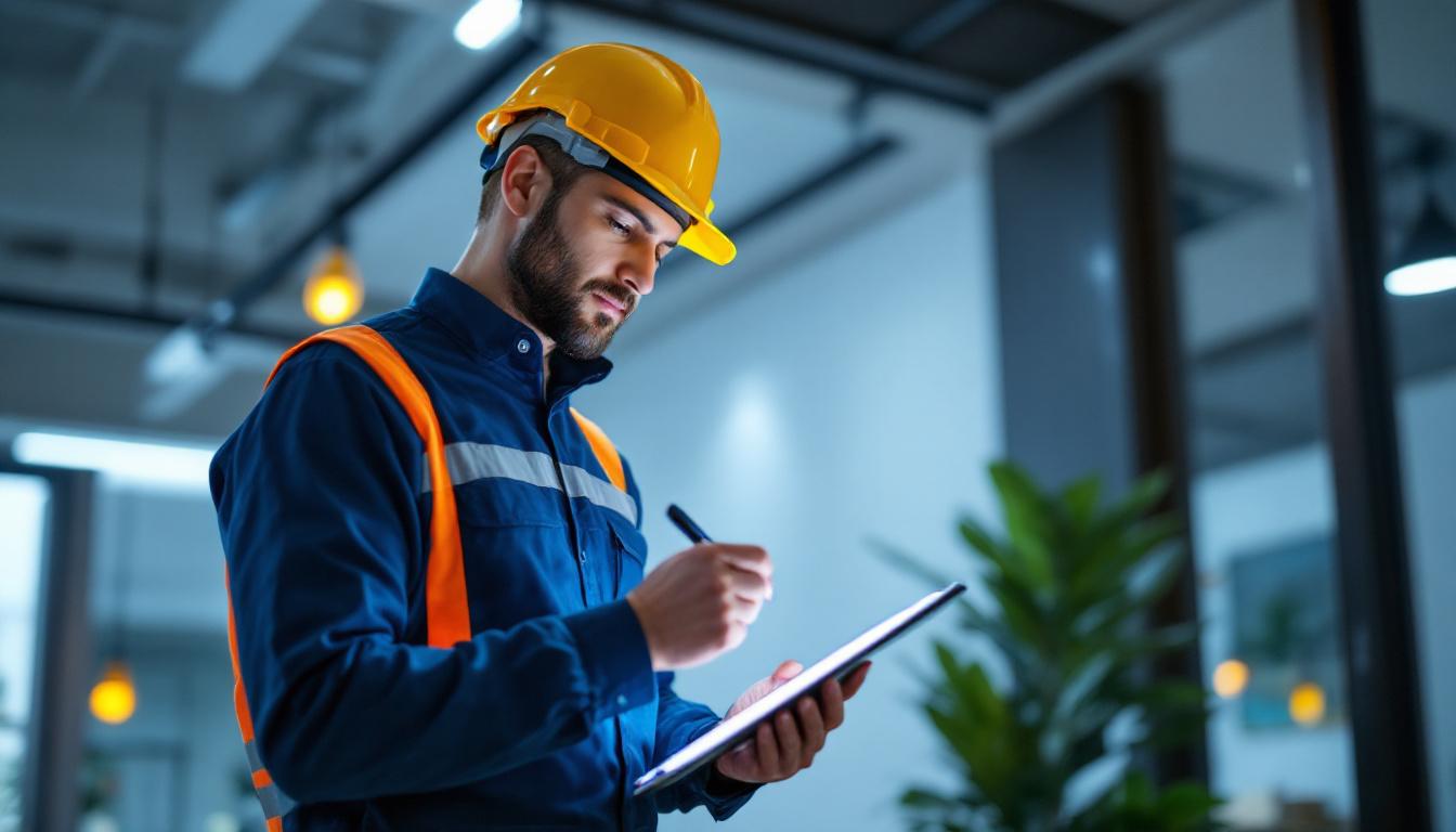 A photograph of a lighting contractor meticulously reviewing a checklist while installing a sleek led flatlight in a modern interior space