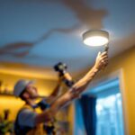 A photograph of a lighting contractor installing led recessed retrofit fixtures in a residential or commercial setting