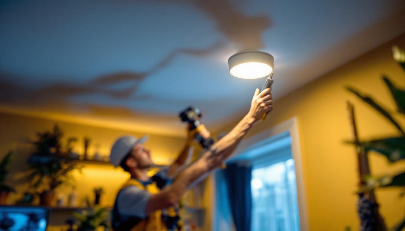 A photograph of a lighting contractor installing led recessed retrofit fixtures in a residential or commercial setting