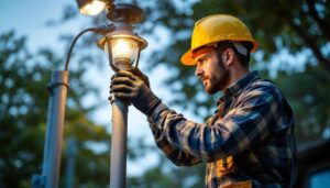 A photograph of a skilled lighting contractor expertly installing or adjusting a pole light head in an outdoor setting
