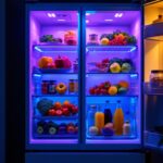 A photograph of a modern refrigerator illuminated by vibrant led lights
