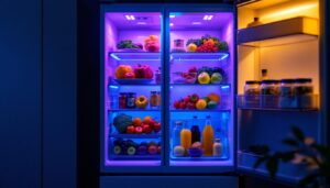 A photograph of a modern refrigerator illuminated by vibrant led lights