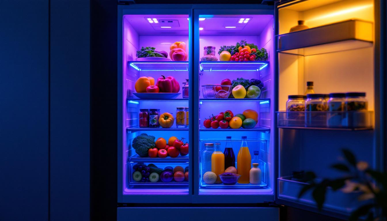 A photograph of a modern refrigerator illuminated by vibrant led lights