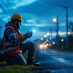 A photograph of a lighting contractor expertly installing led road lights at dusk