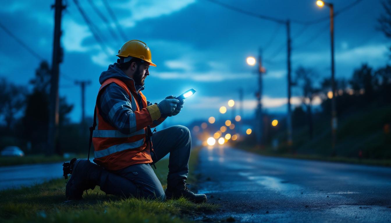 A photograph of a lighting contractor expertly installing led road lights at dusk