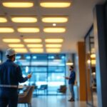 A photograph of a well-lit commercial space featuring sleek recessed troffer lighting