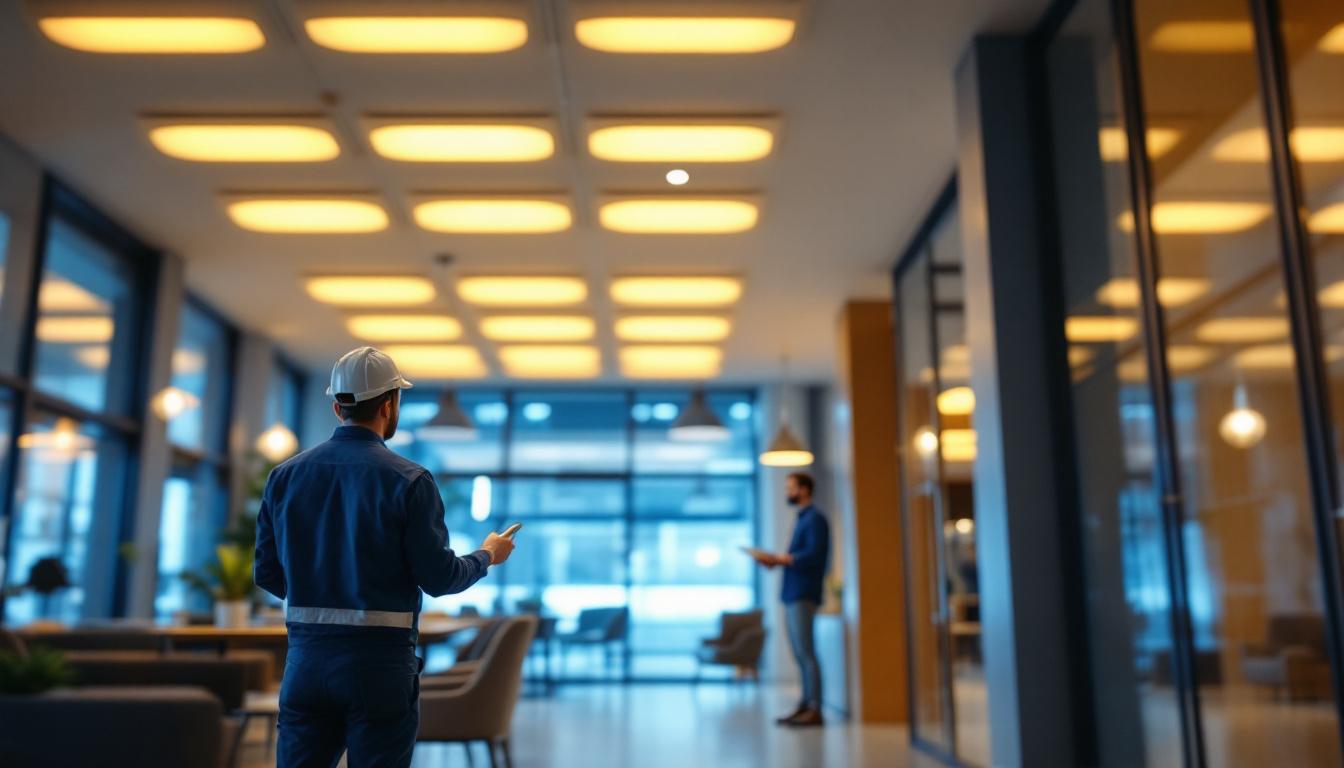 A photograph of a well-lit commercial space featuring sleek recessed troffer lighting