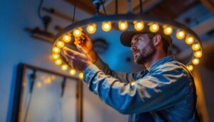 A photograph of a skilled lighting contractor expertly installing led lights in a circular arrangement
