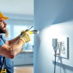 A photograph of a skilled lighting contractor installing an electrical outlet light fixture in a modern home setting