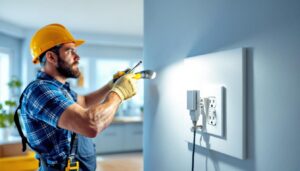 A photograph of a skilled lighting contractor installing an electrical outlet light fixture in a modern home setting