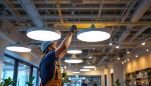 A photograph of a well-lit suspended ceiling installation in a modern commercial space